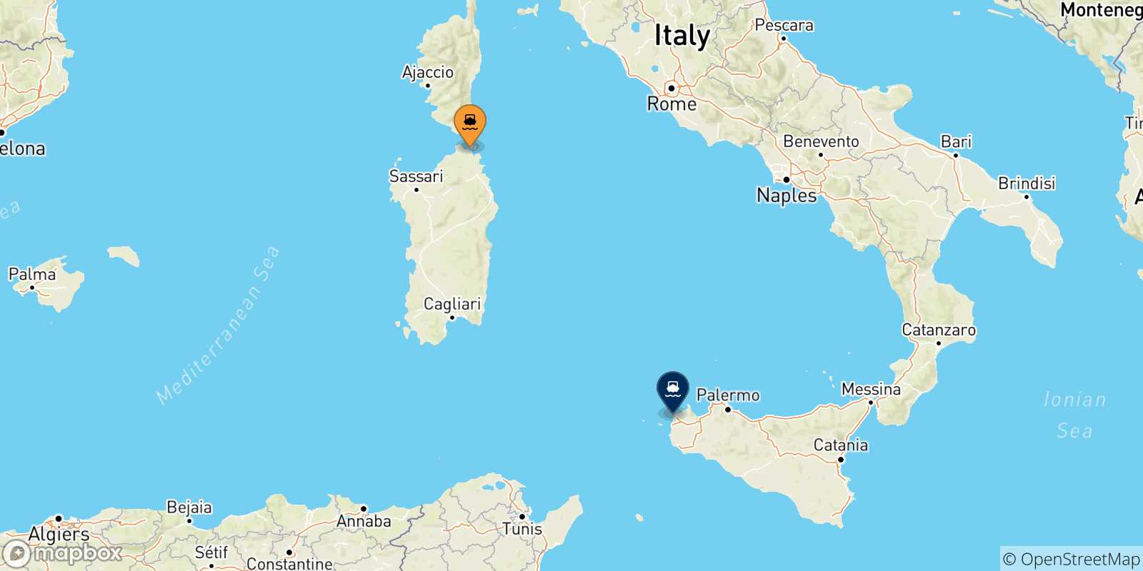 Carte des traversées possibles entre la Sardaigne et Trapani