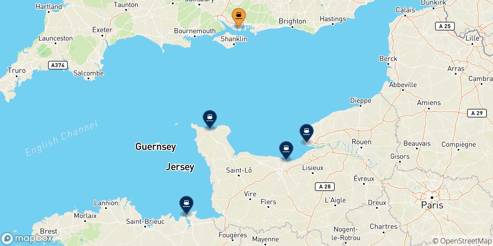 Carte des traversées possibles entre Portsmouth et la France