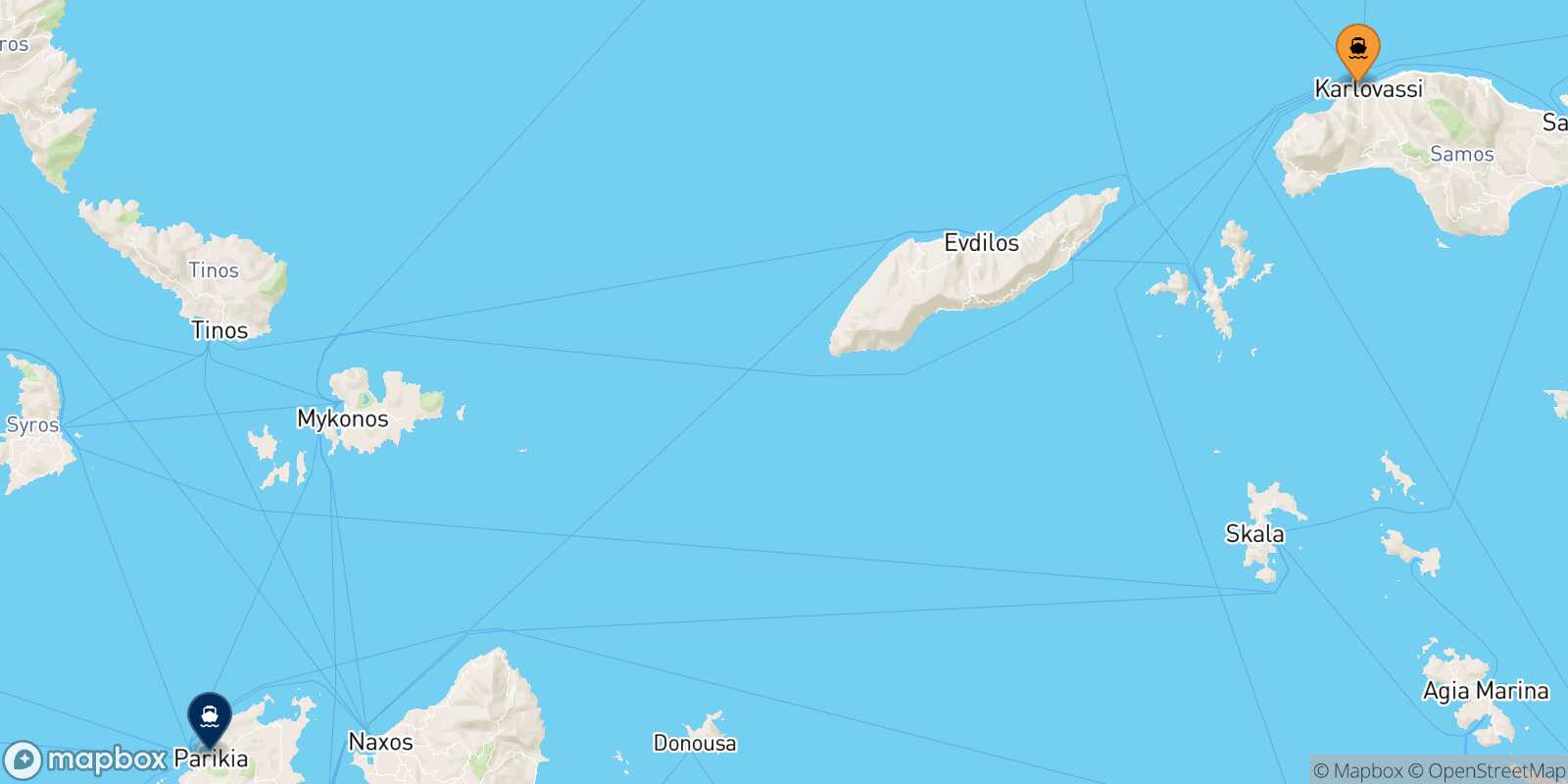 Carte des traverséesKarlovassi (Samos) Paros