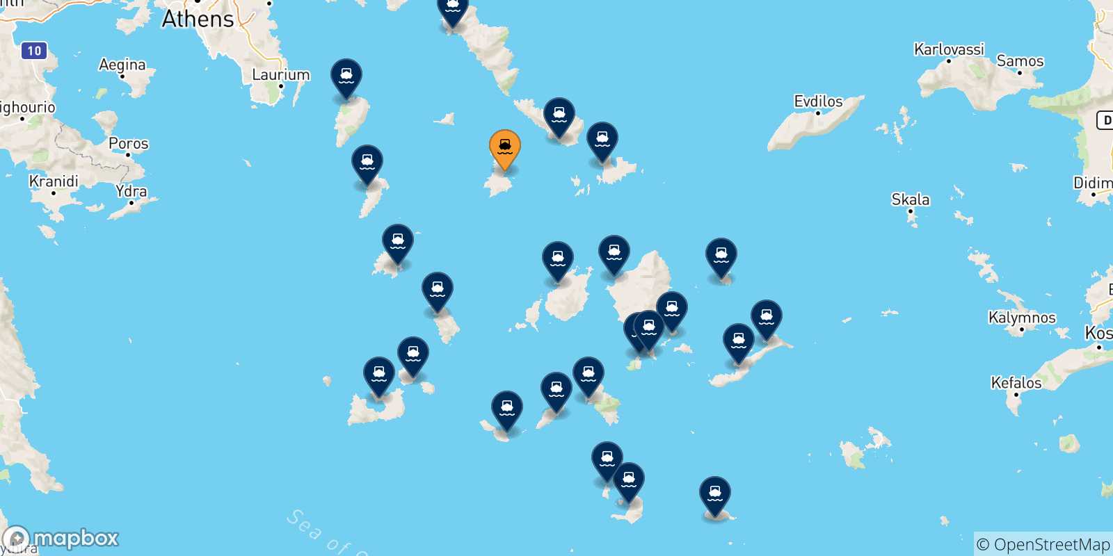 Carte des traversées possibles entre Syros et Îles Des Cyclades