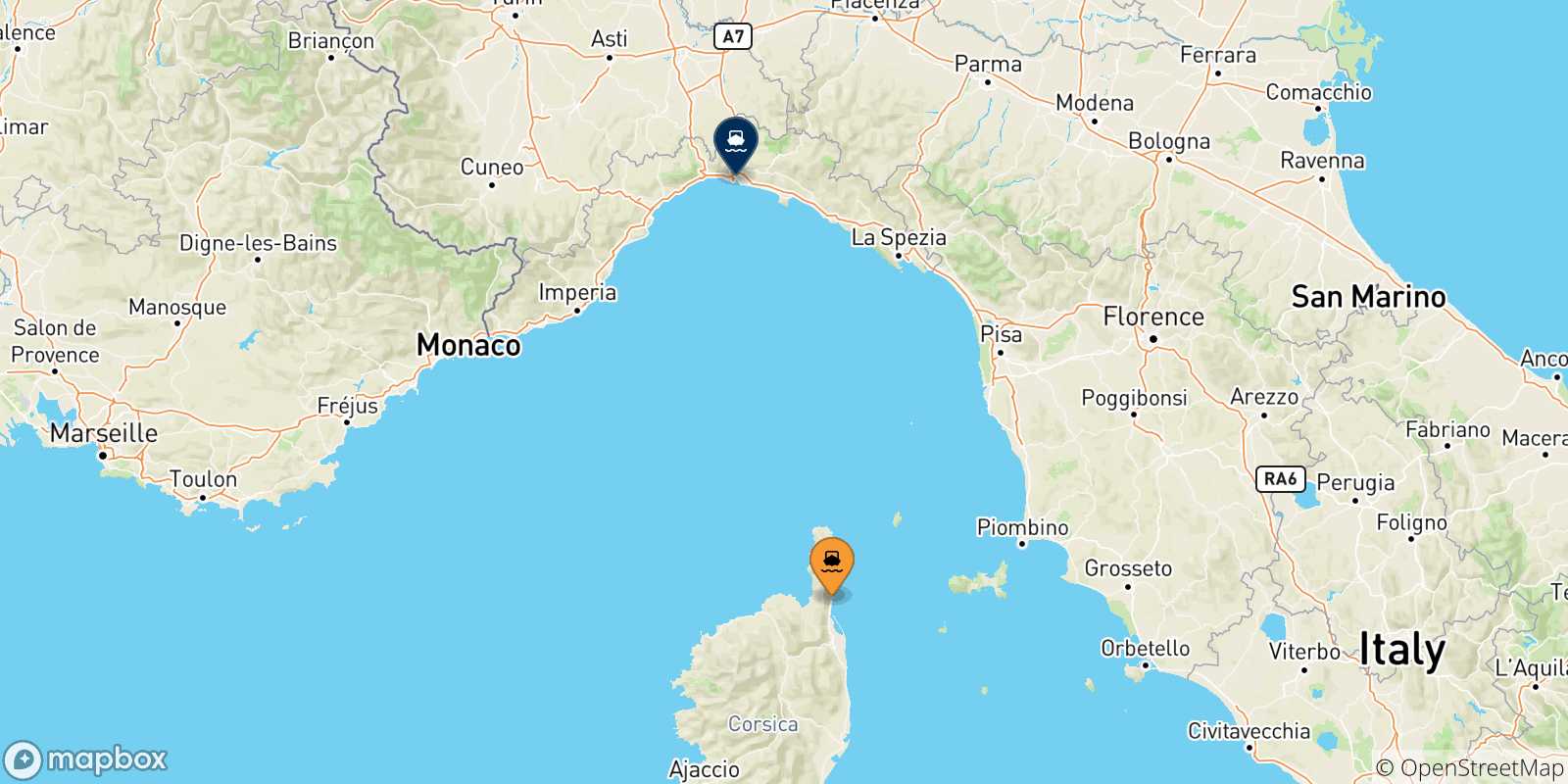 Carte des traversées possibles entre la Corse et Genes