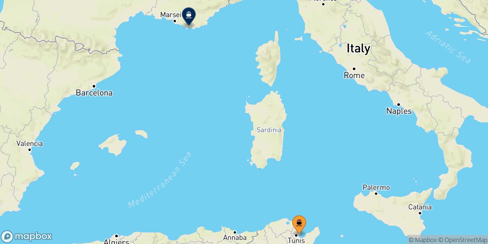 Carte des traverséesTunis Toulon
