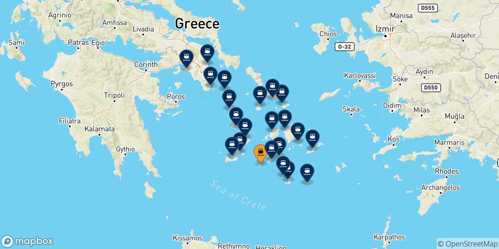 Carte des traversées possibles entre Folegandros et la Grèce