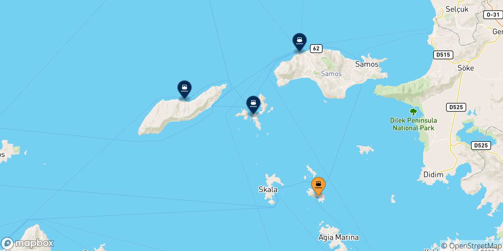 Carte des traversées possibles entre Lipsi et les Îles Égéennes