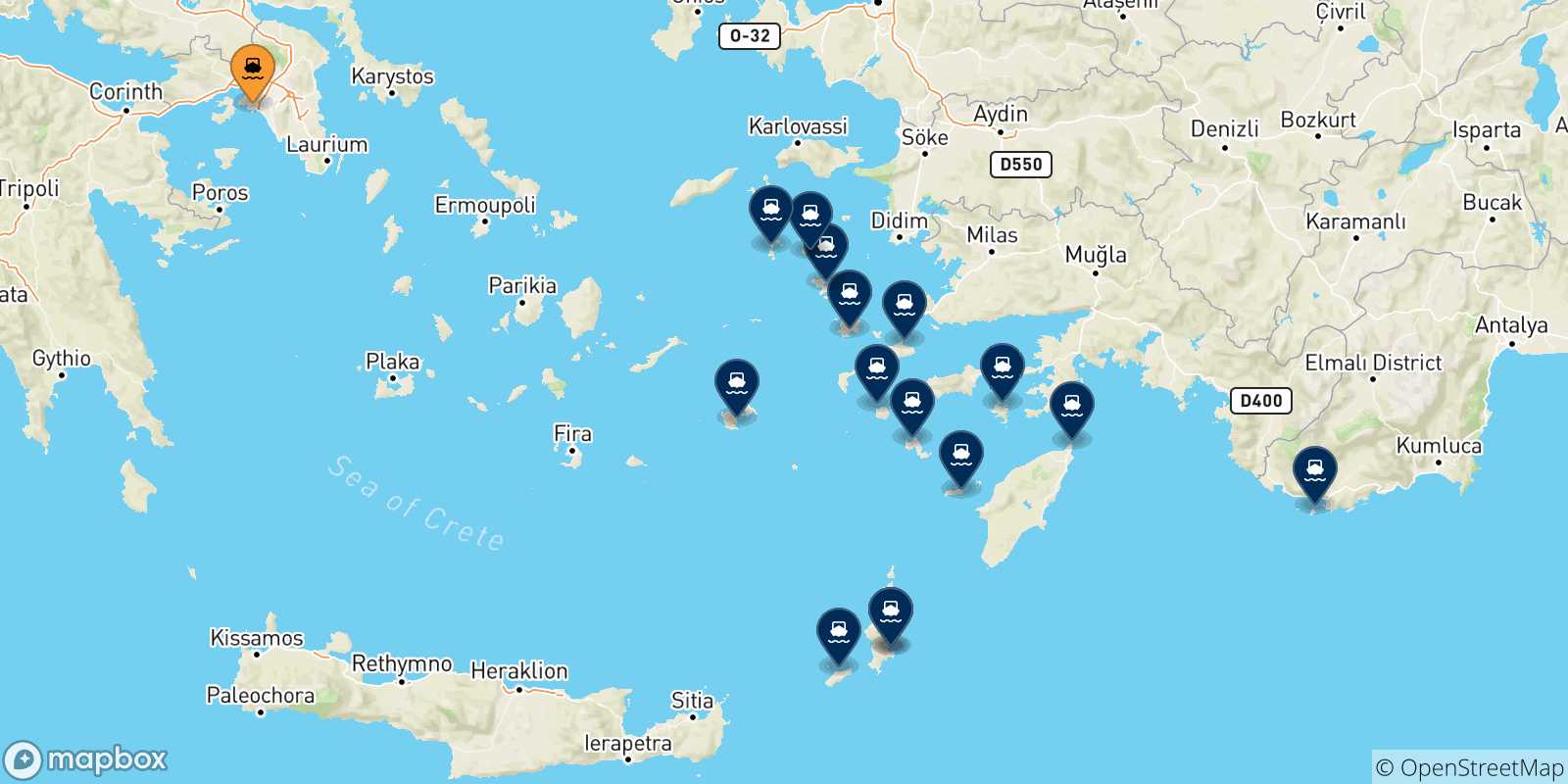 Carte des traversées possibles entre Le Piree et Îles Du Dodécanèse