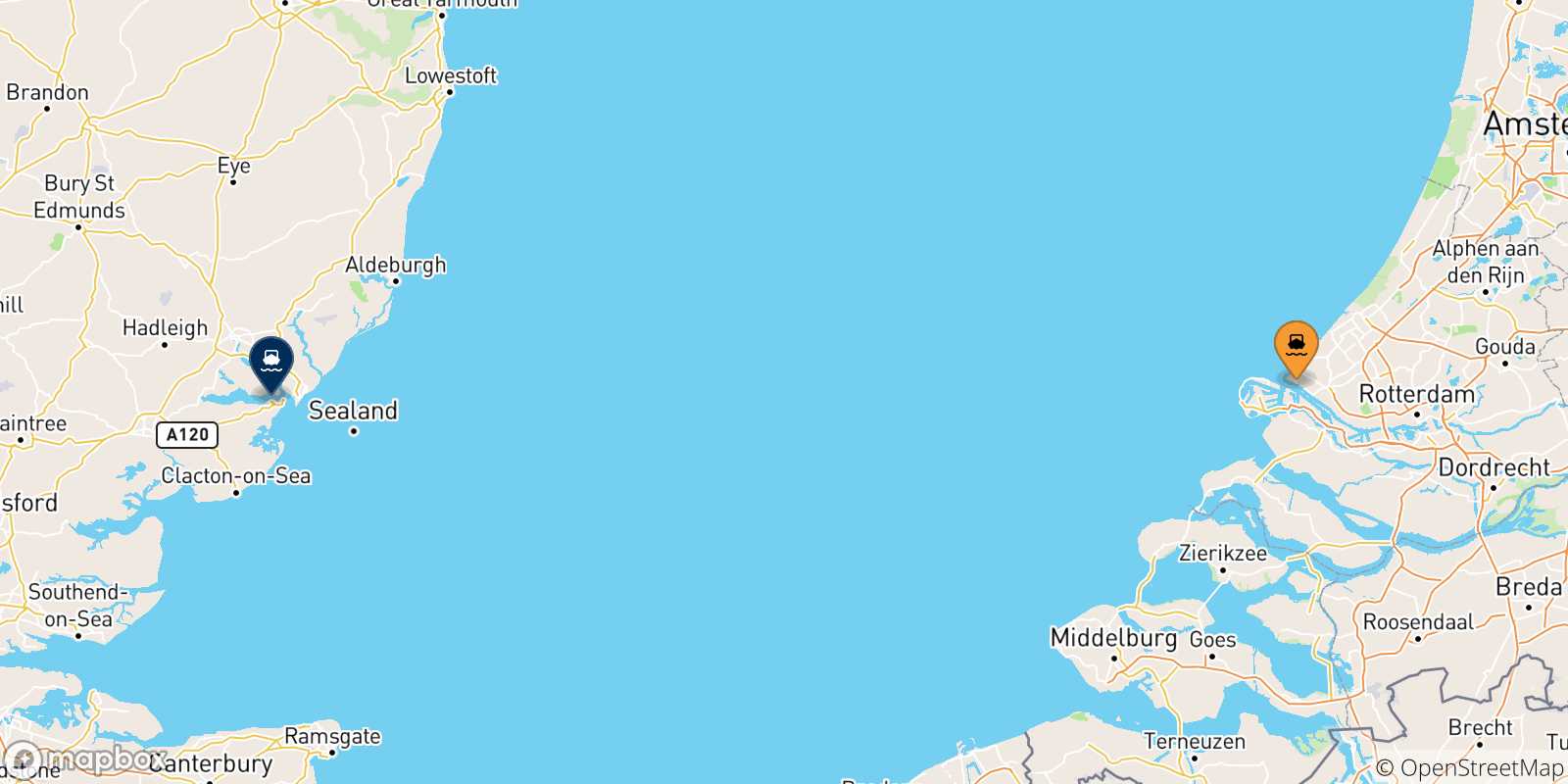 Carte des traversées possibles entre les Pays-bas et Harwich