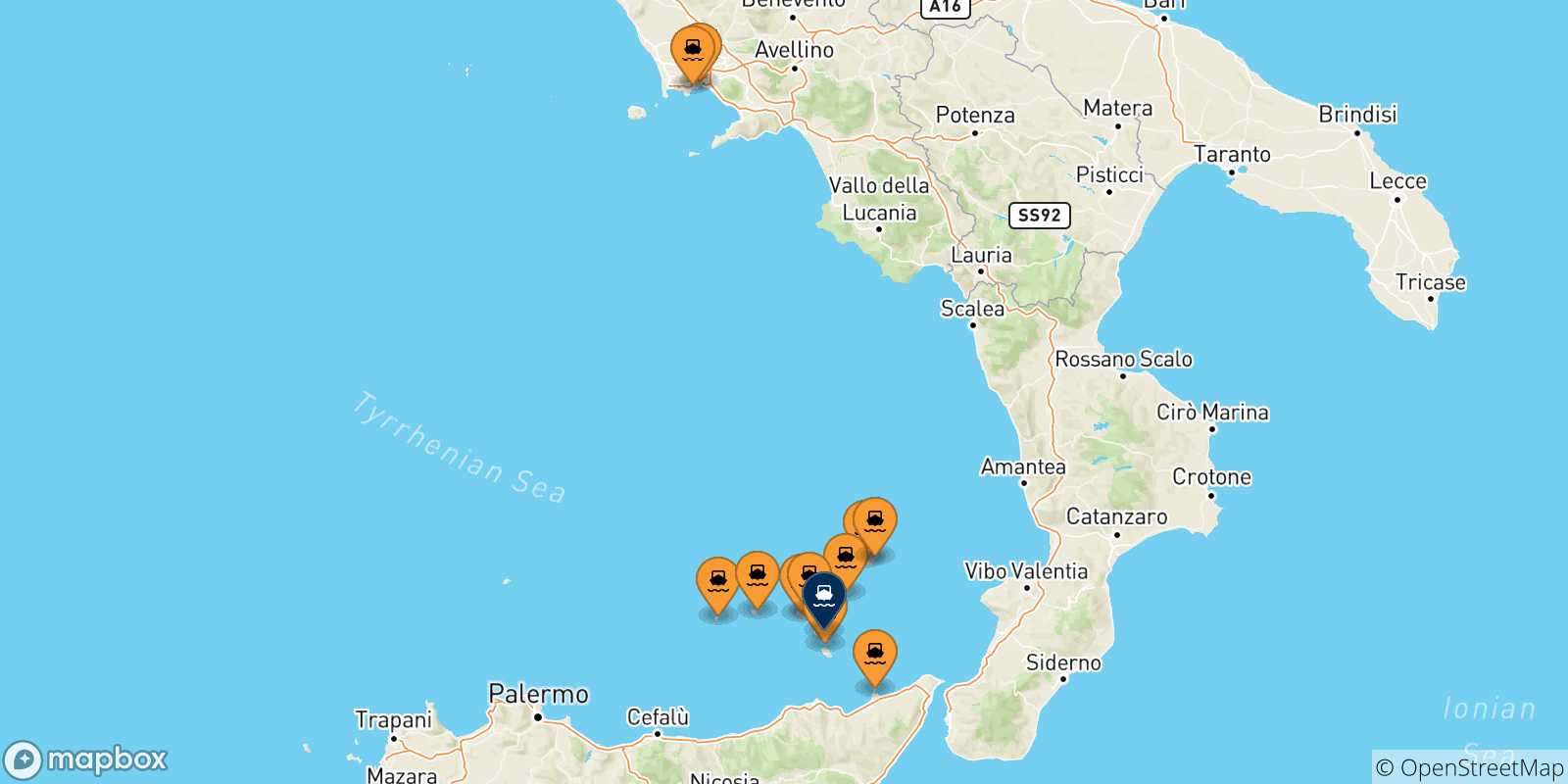 Carte des traversées possibles entre l'Italie et Lipari
