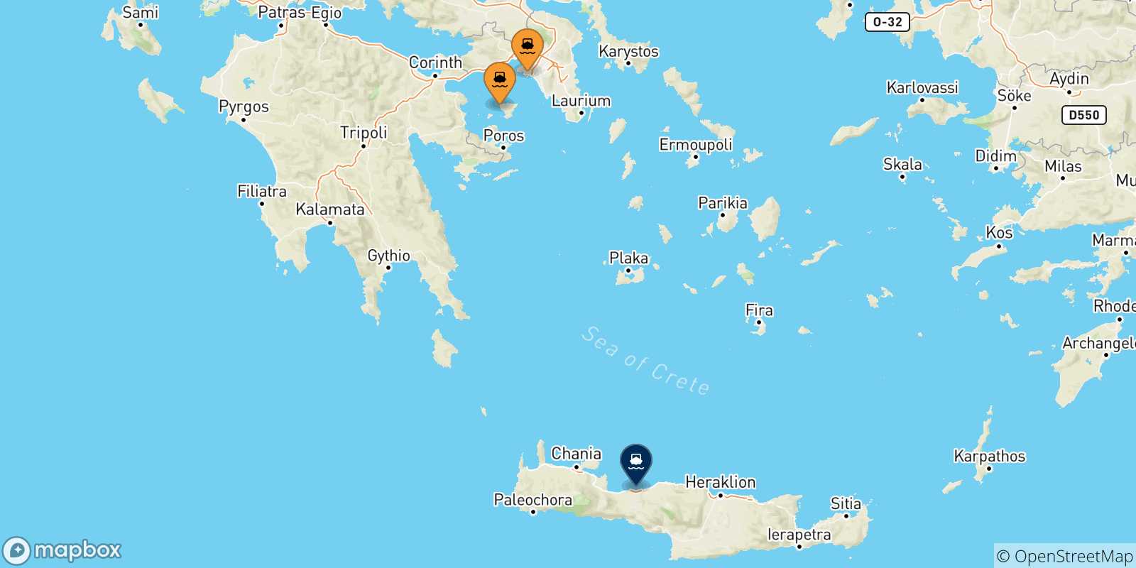Carte des traversées possibles entre la Grèce et Myli (Agistri)