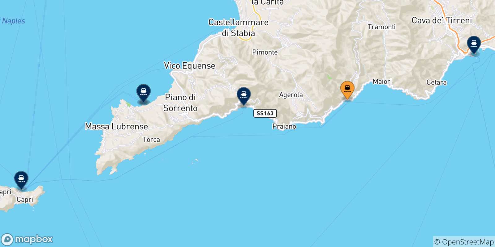 Carte des traversées possibles entre Amalfi et l'Italie