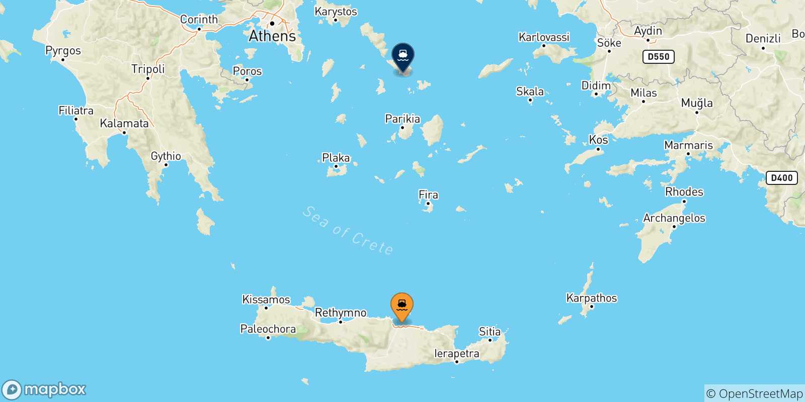Carte des traversées possibles entre la Crète et Tinos