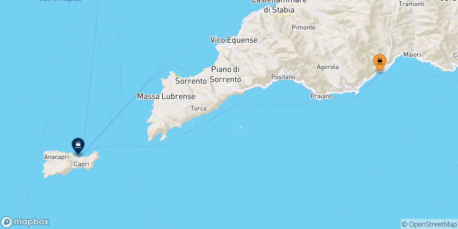 Carte des traversées possibles entre Amalfi et le Golf De Naples