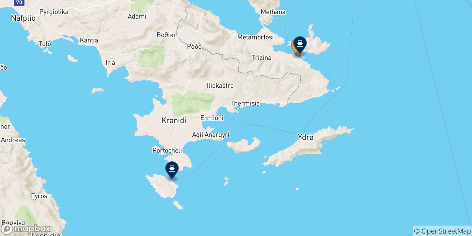Carte des traversées possibles entre Hydra et les Îles Saroniques