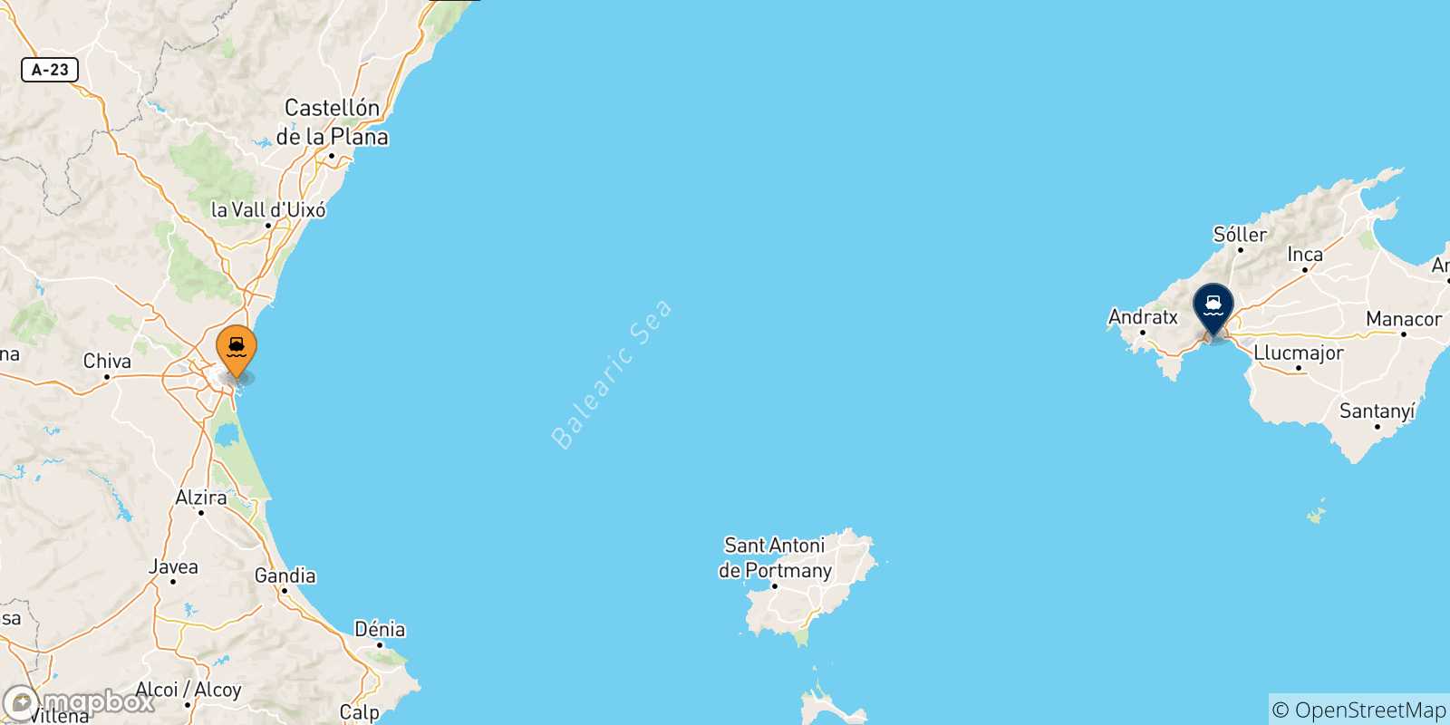 Carte des traversées possibles entre Valence et les Îles Baléares