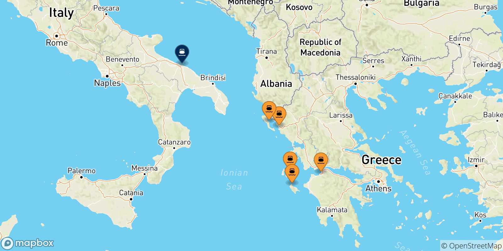 Carte des traversées possibles entre la Grèce et Bari