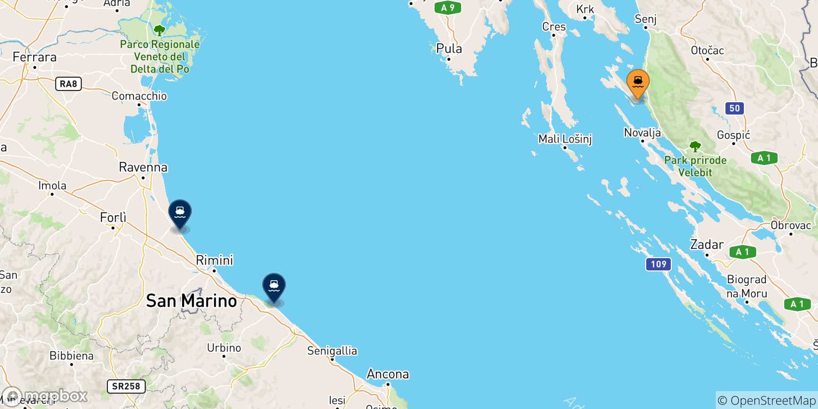 Carte des traversées possibles entre Rab et l'Italie