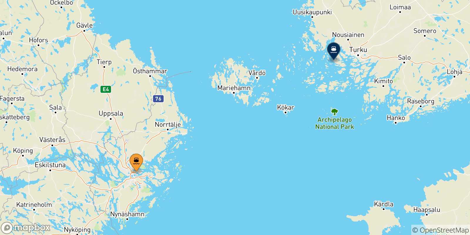 Carte des traversées possibles entre la Suède et Turku