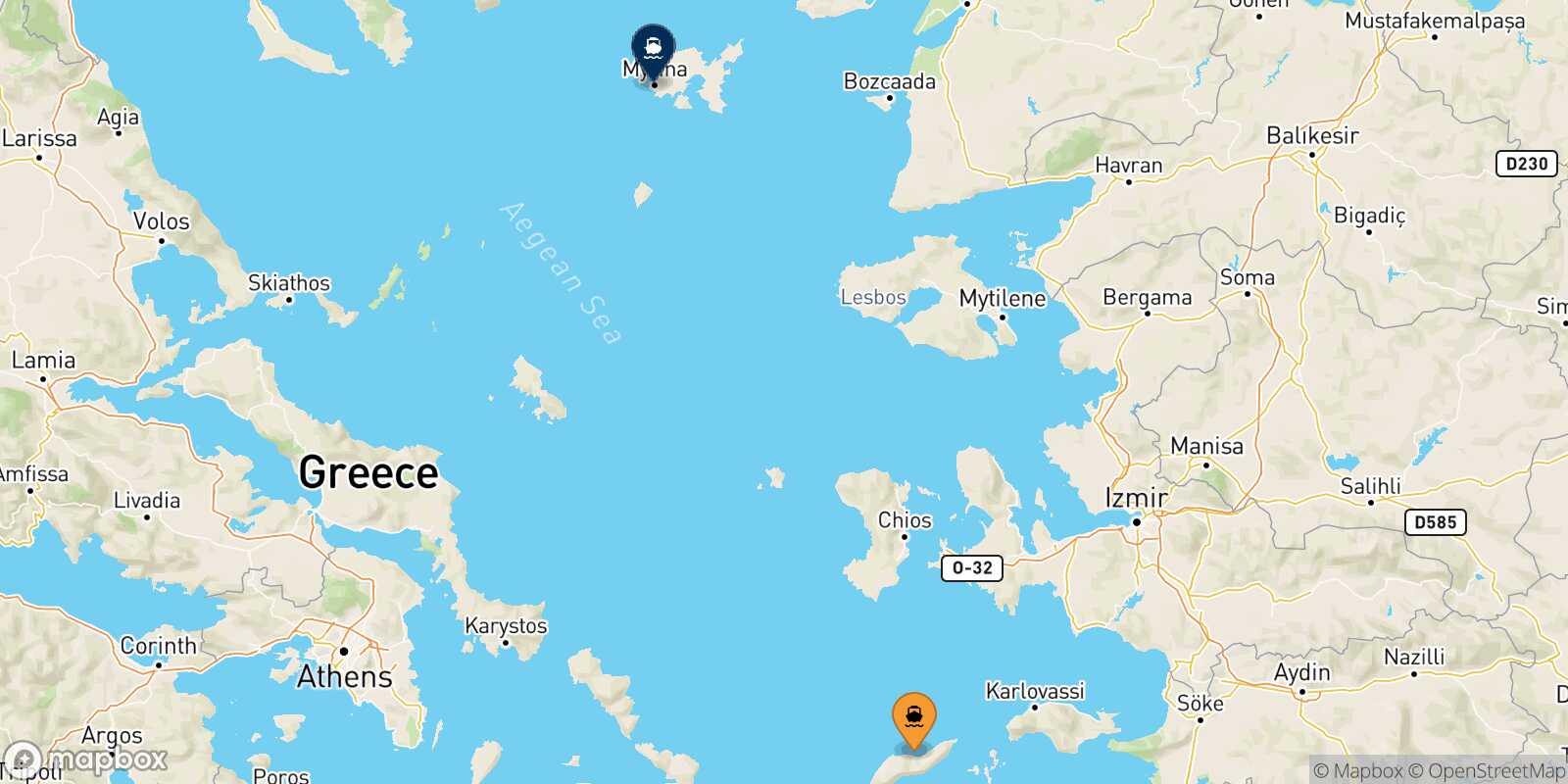 Carte des traverséesAgios Kirikos (Ikaria) Myrina (Limnos)