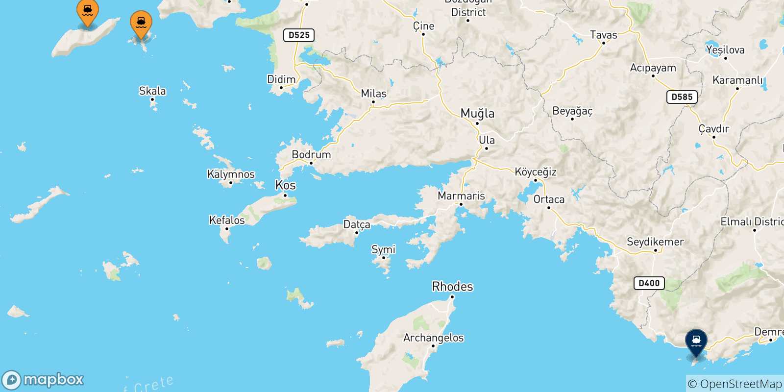 Carte des traversées possibles entre les Îles Égéennes et Kastellórizo