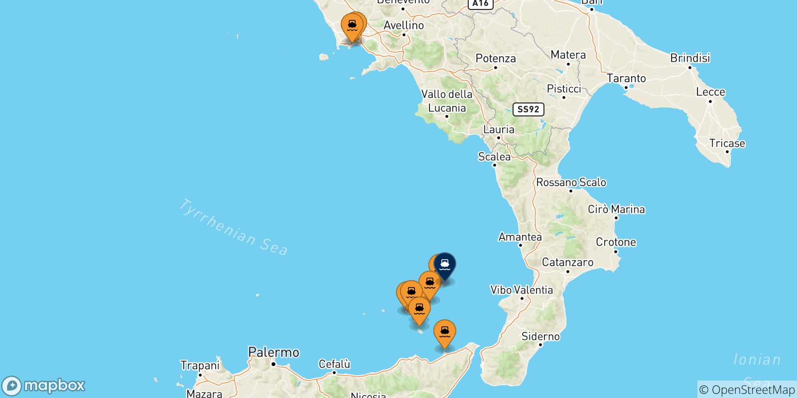 Carte des traversées possibles entre l'Italie et Stromboli