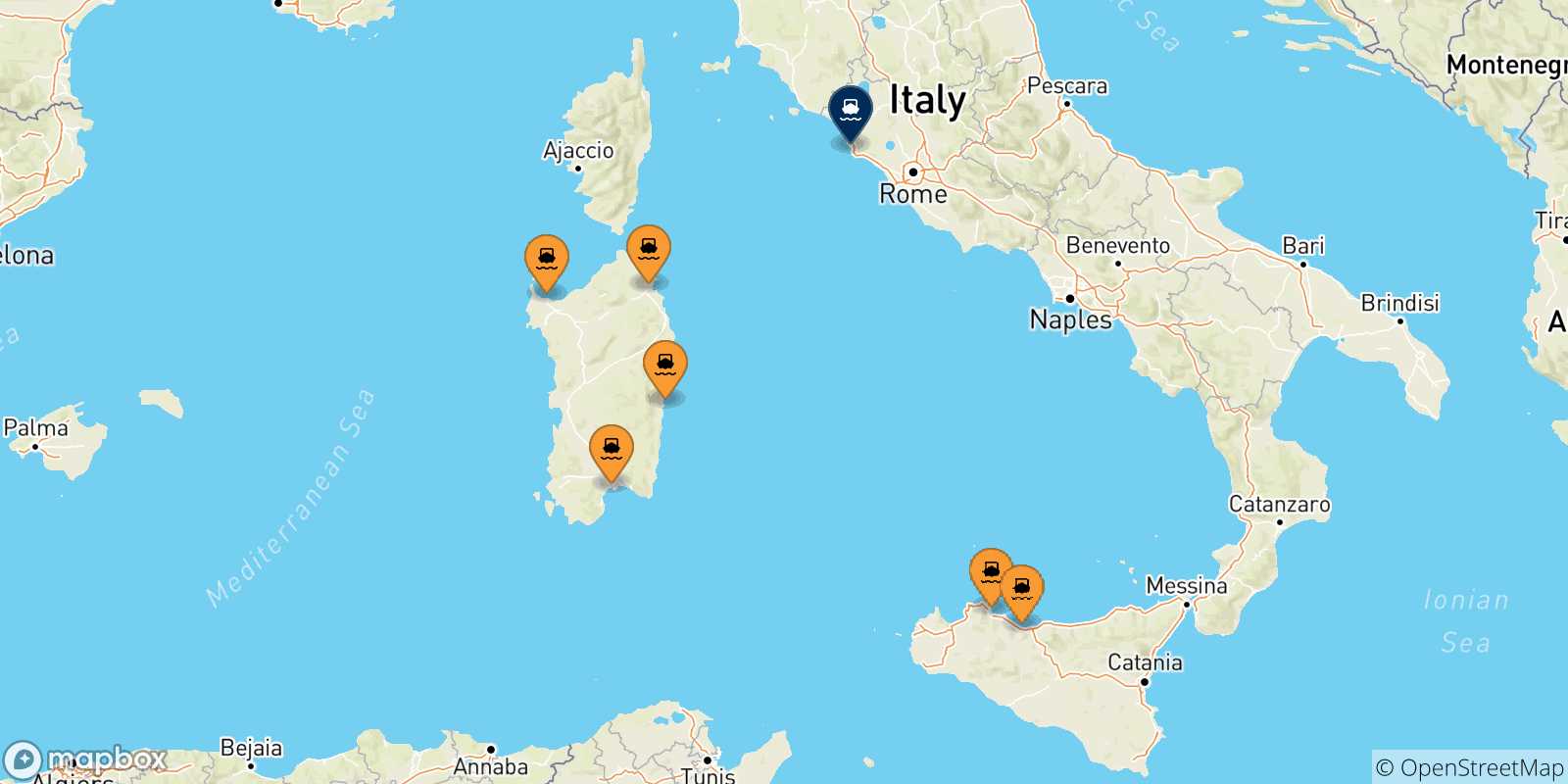 Carte des traversées possibles entre l'Italie et Civitavecchia