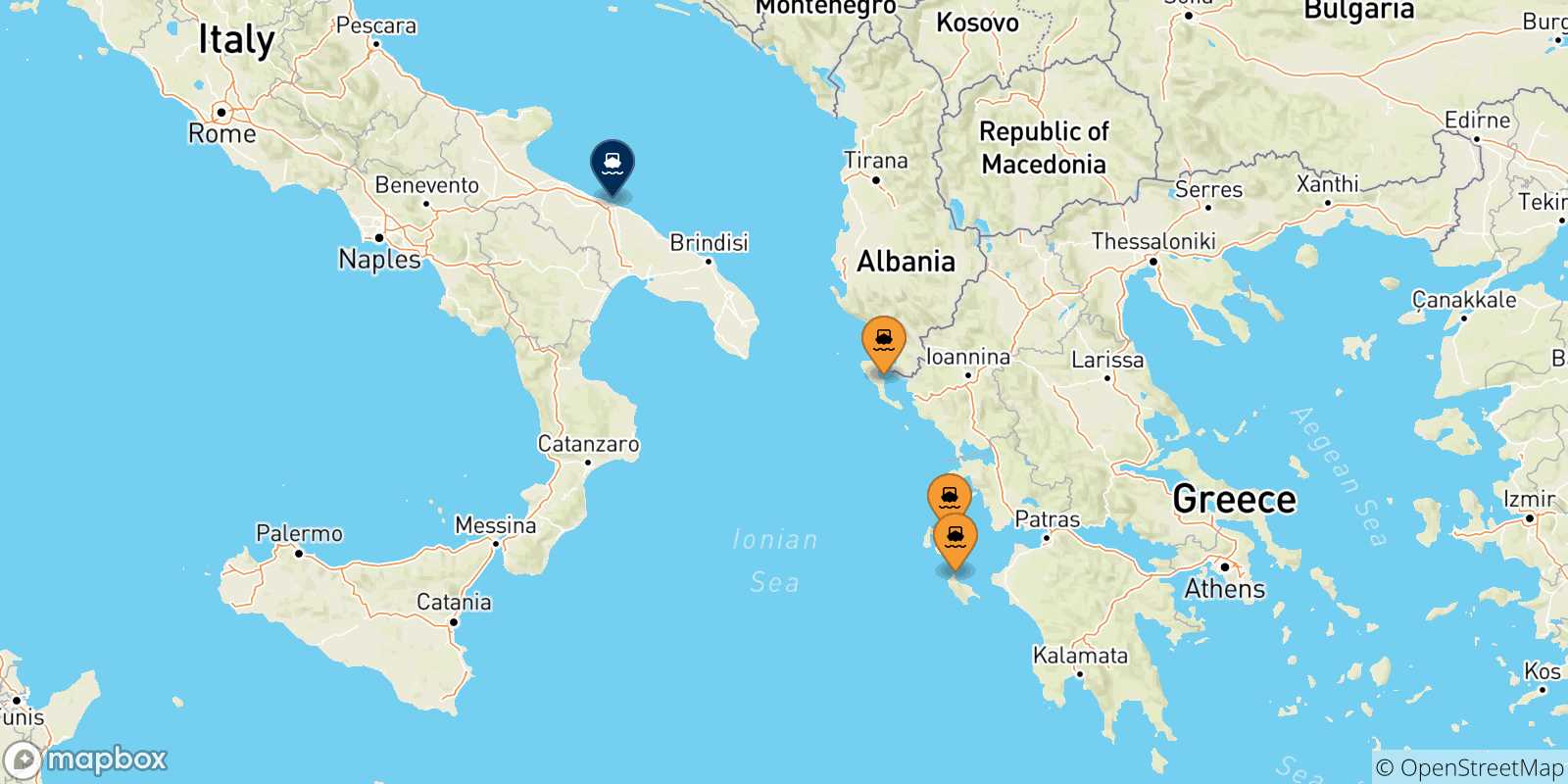 Carte des traversées possibles entre Îles Ioniennes et Bari
