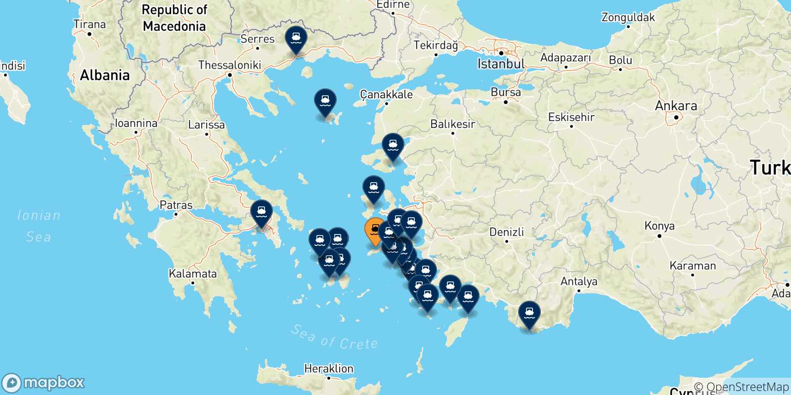 Carte des traversées possibles entre Agios Kirikos (Ikaria) et la Grèce