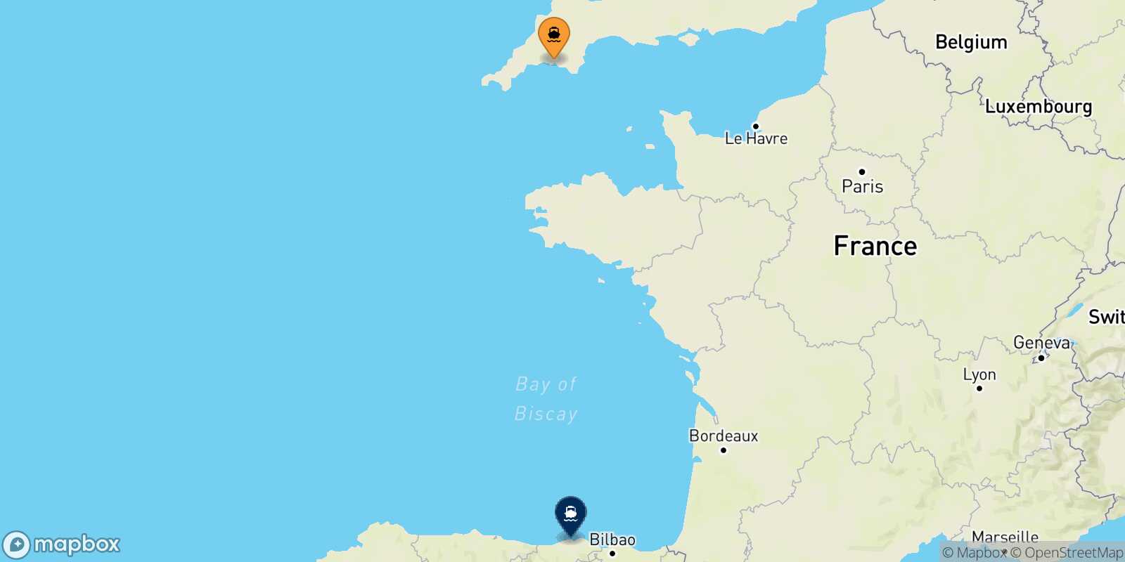 Carte des traverséesPlymouth Santander