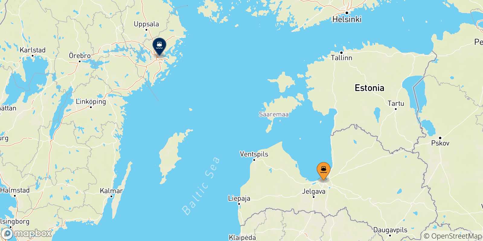 Carte des traversées possibles entre Riga et la Suède