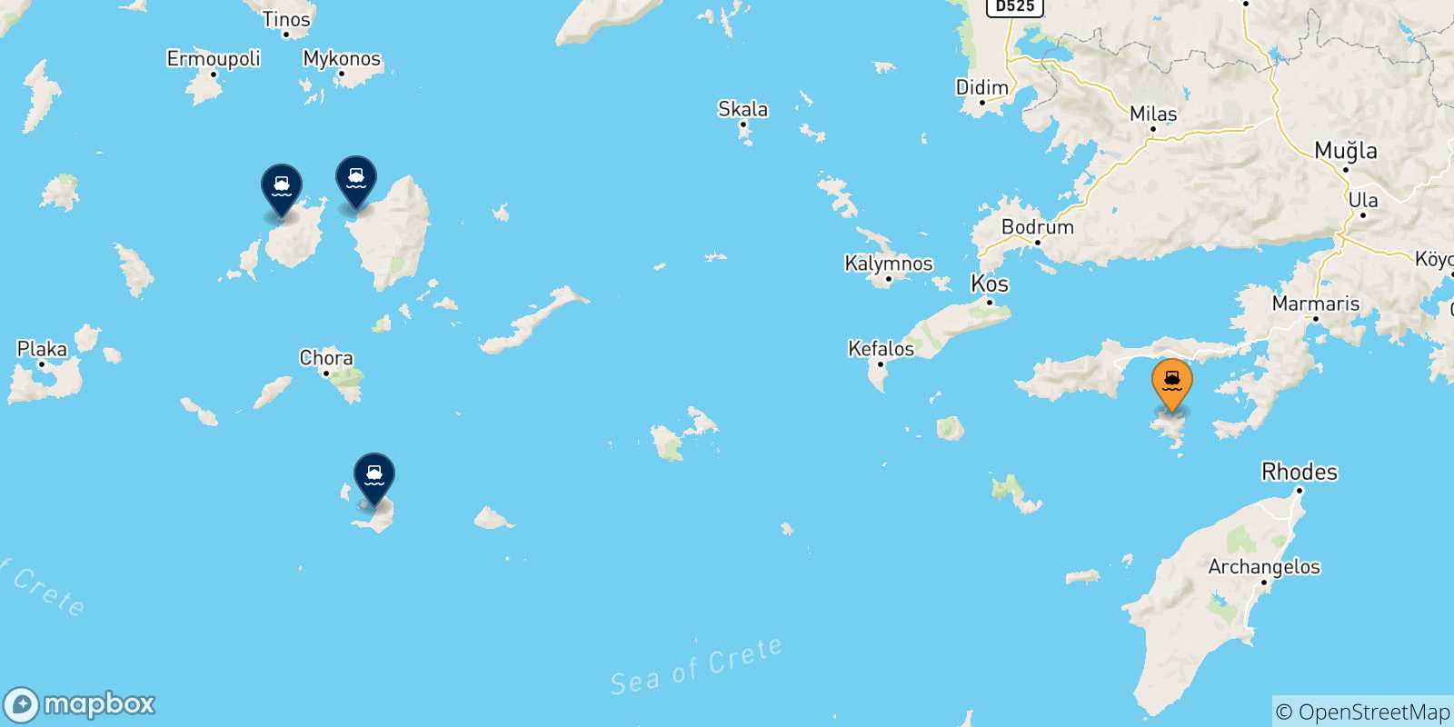Carte des traversées possibles entre Symi et Îles Des Cyclades