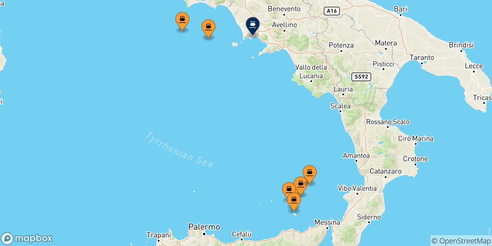 Carte des traversées possibles entre l'Italie et Naples Mergellina