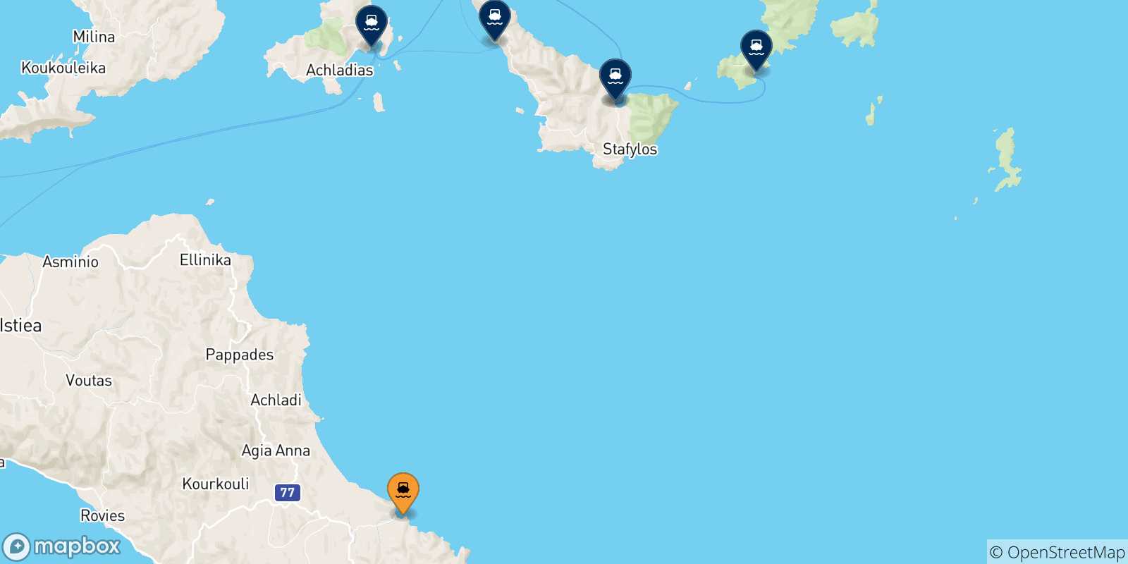 Carte des traversées possibles entre Mantoudi (Evia) et les Îles Sporades