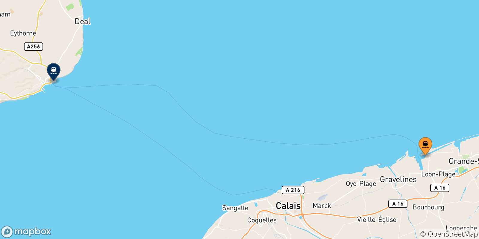 Carte des traversées possibles entre Dunkerque et le Royaume-uni