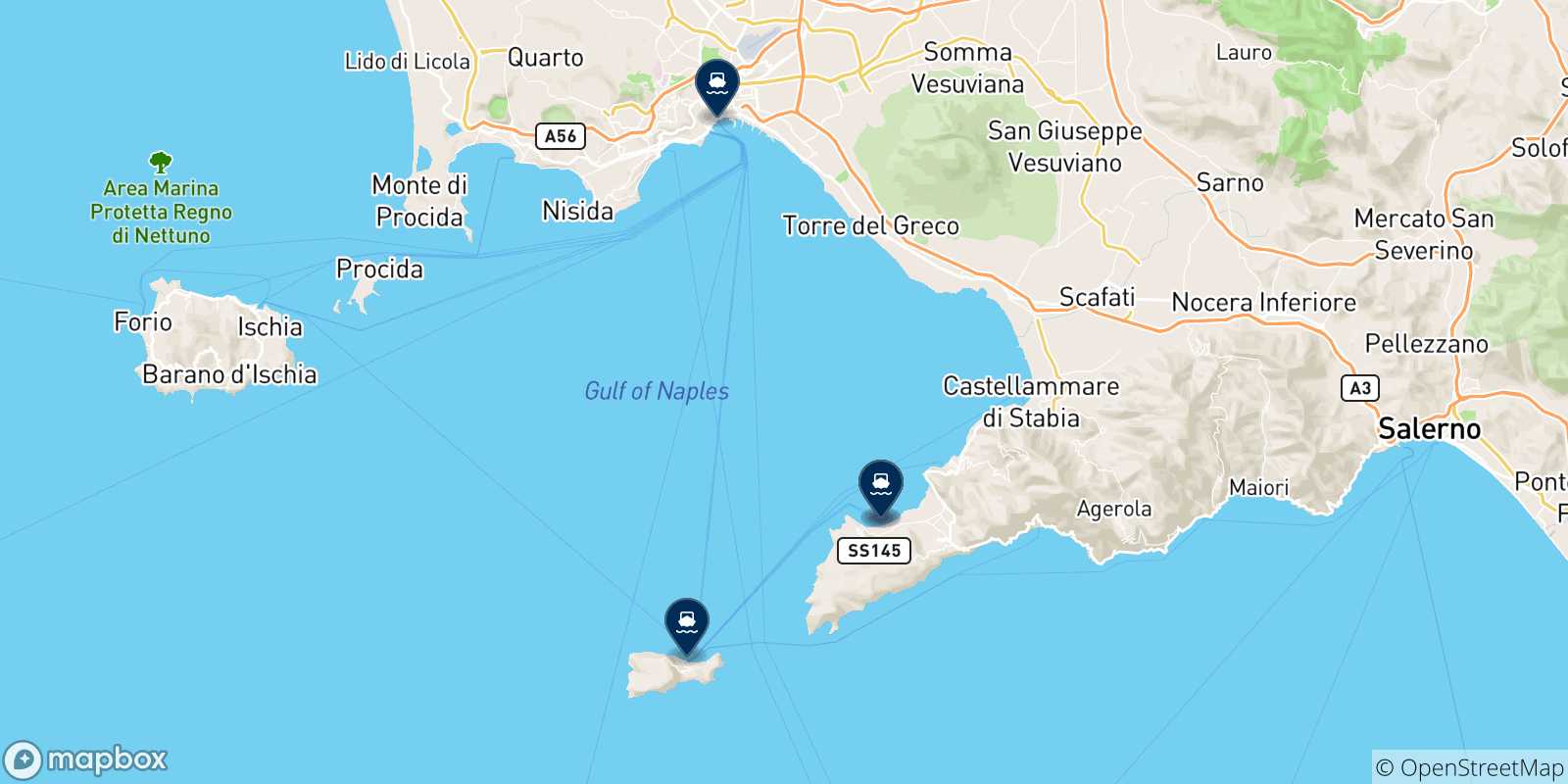Carte des traversées possibles entre Castellammare et l'Italie