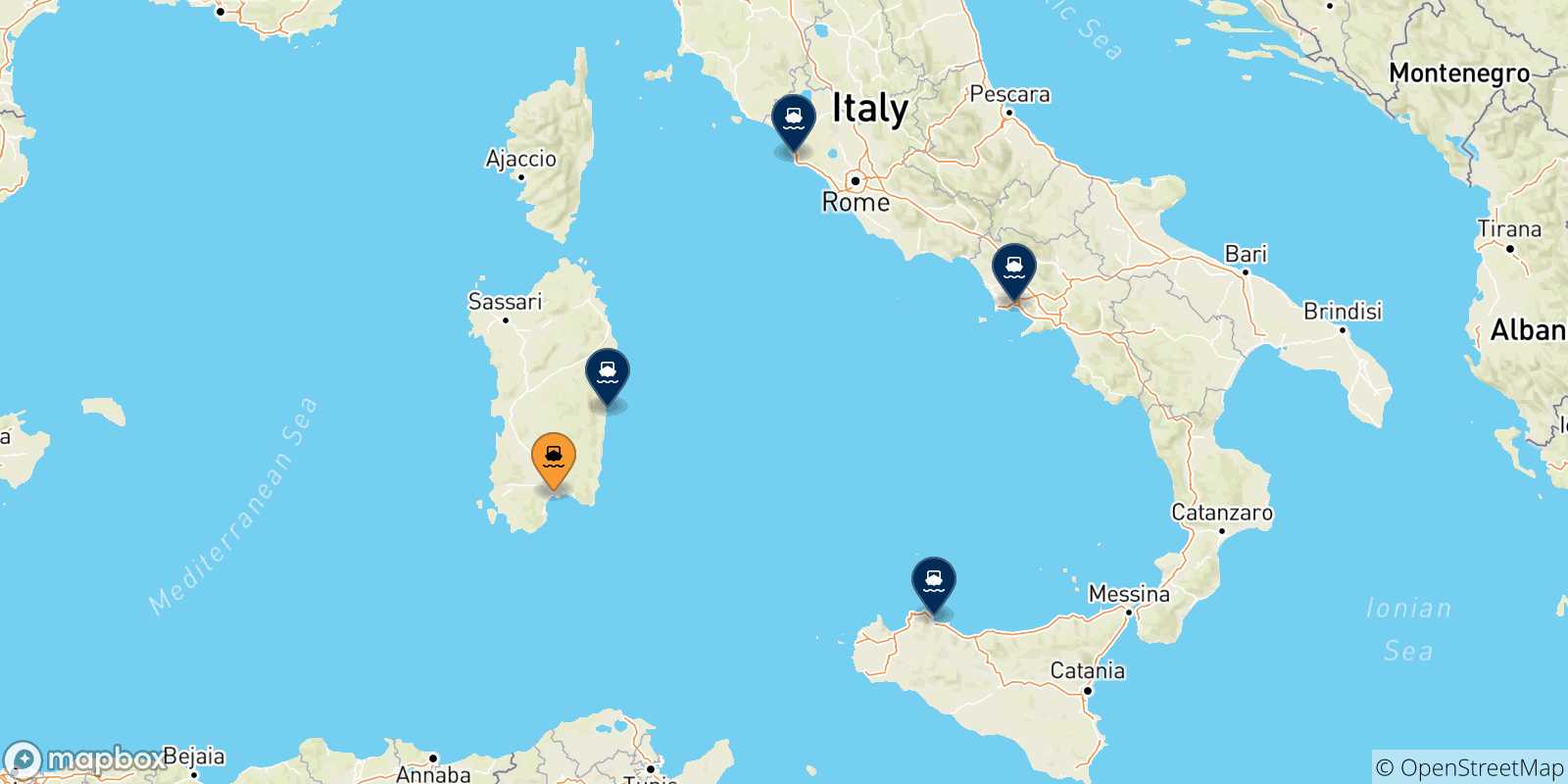 Carte des traversées possibles entre Cagliari et l'Italie