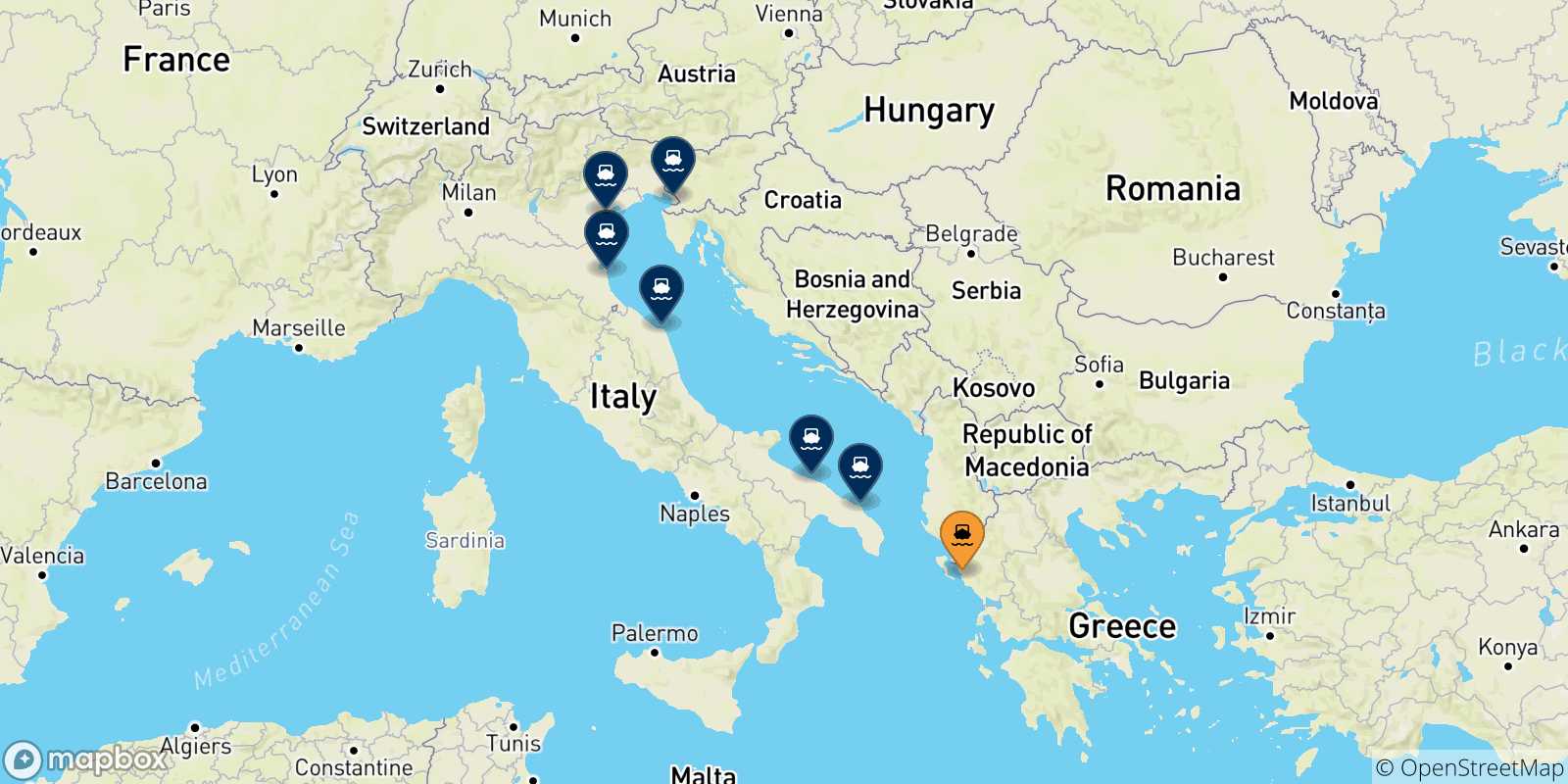 Carte des traversées possibles entre Igoumenitsa et l'Italie