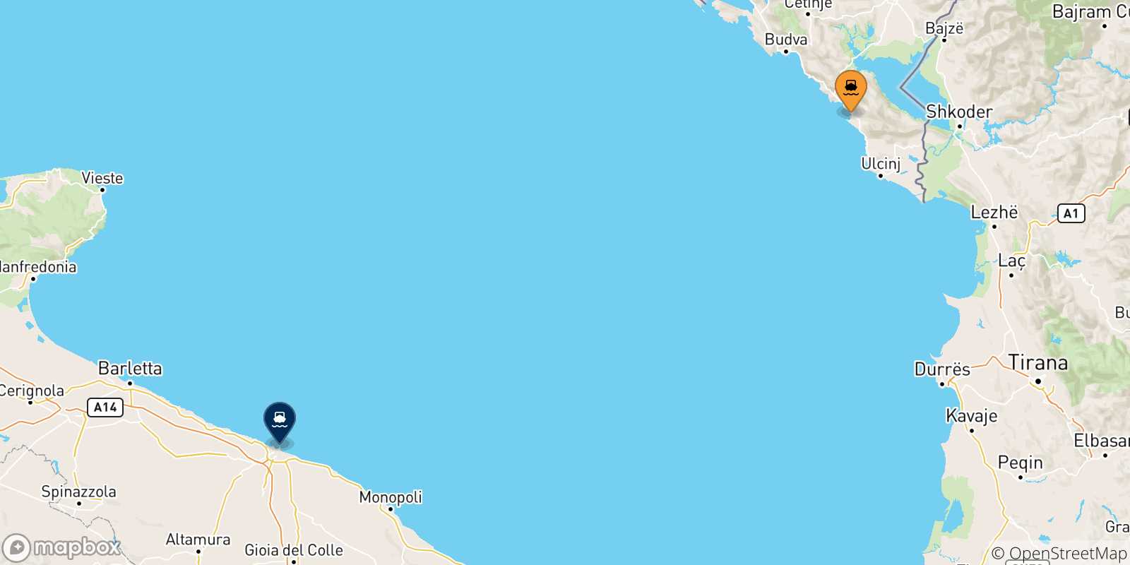 Carte des traversées possibles entre le Monténégro et l'Italie