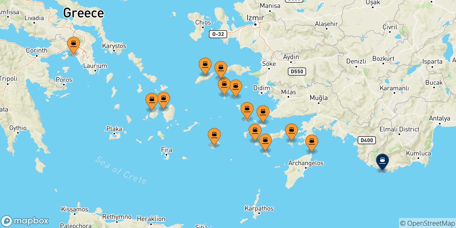 Carte des traversées possibles entre la Grèce et Kastellórizo