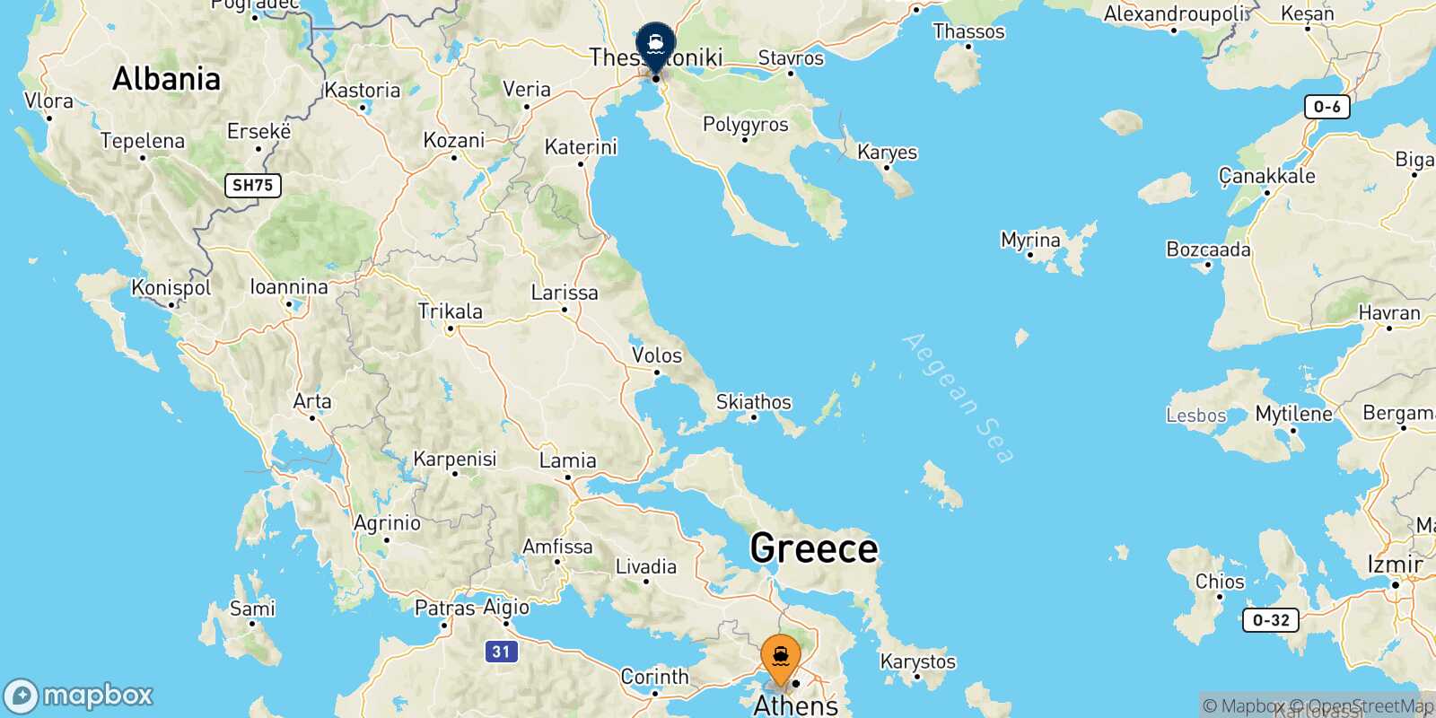 Carte des traverséesLe Piree Thessalonique