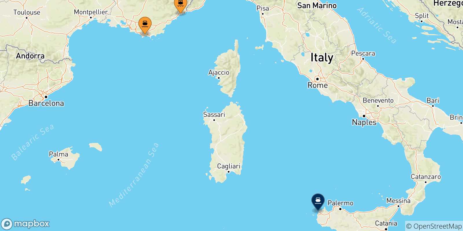 Carte des traversées possibles entre la France et la Sicile