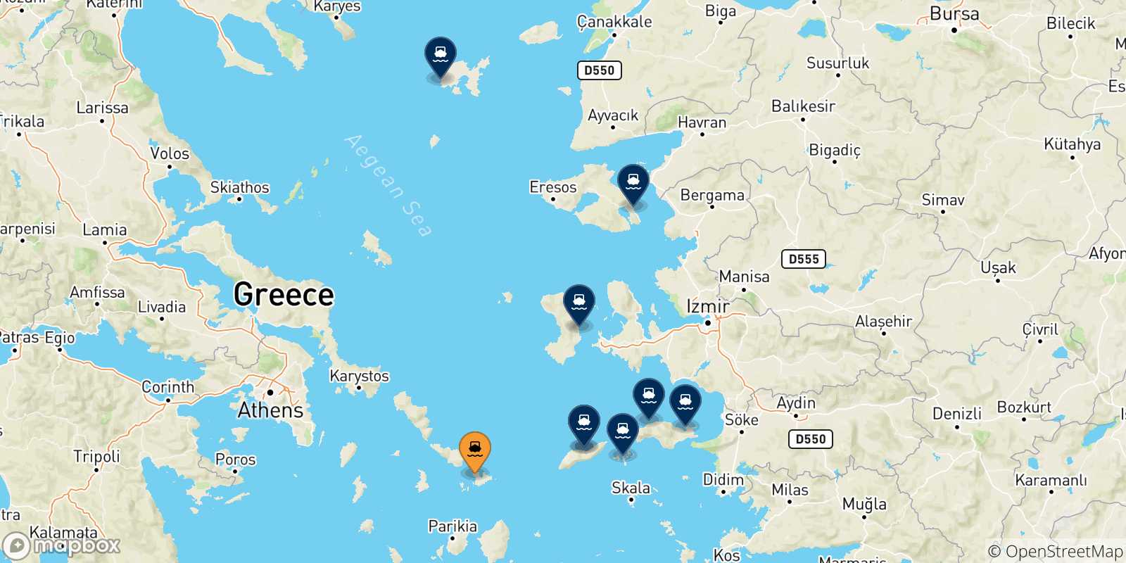 Carte des traversées possibles entre Mykonos et les Îles Égéennes