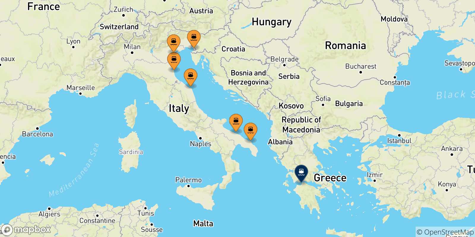 Carte des traversées possibles entre l'Italie et Patras