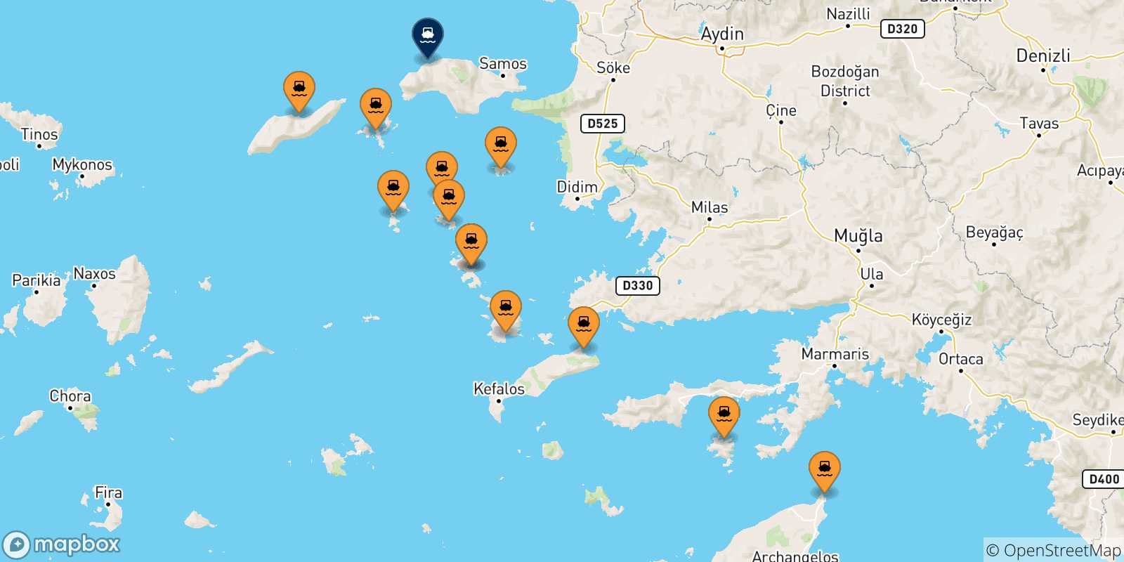 Carte des traversées possibles entre la Grèce et Pythagorio (Samos)