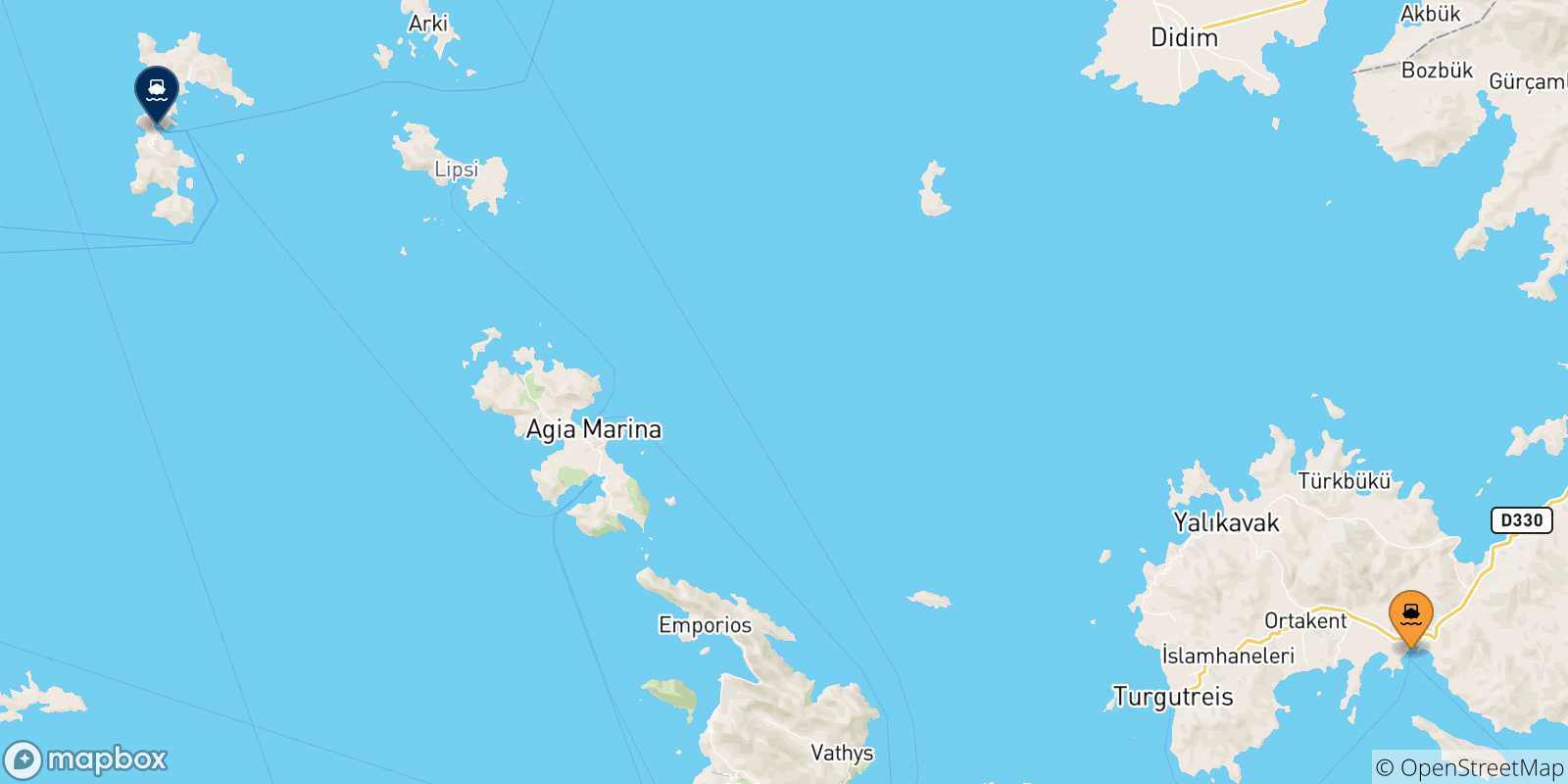 Carte des traversées possibles entre la Turquie et Patmos