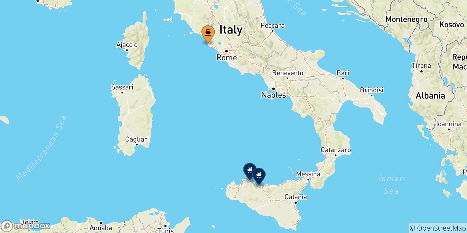 Carte des traversées possibles entre Civitavecchia et la Sicile