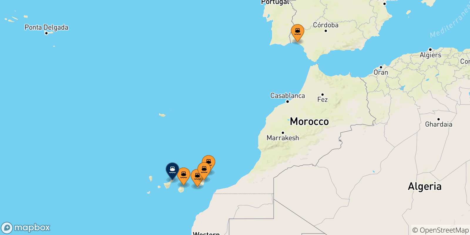 Carte des traversées possibles entre l'Espagne et Santa Cruz De Tenerife
