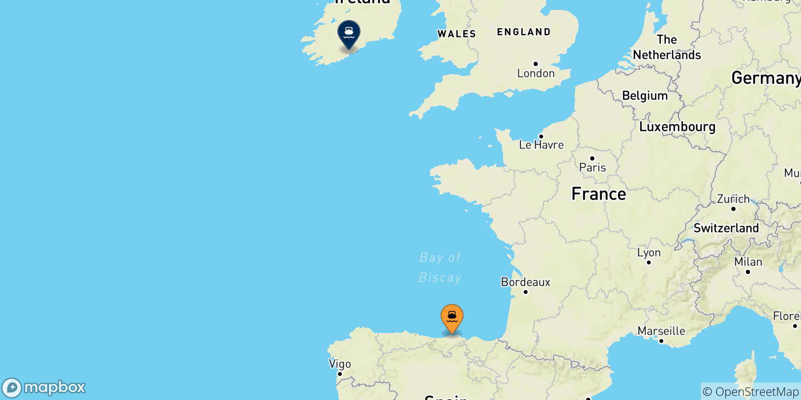 Carte des traversées possibles entre Santander et Irlande