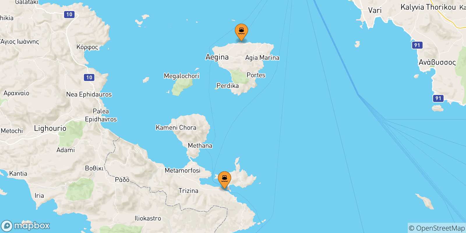 Carte des traversées possibles entre les Îles Saroniques et Agia Marina (Égine)