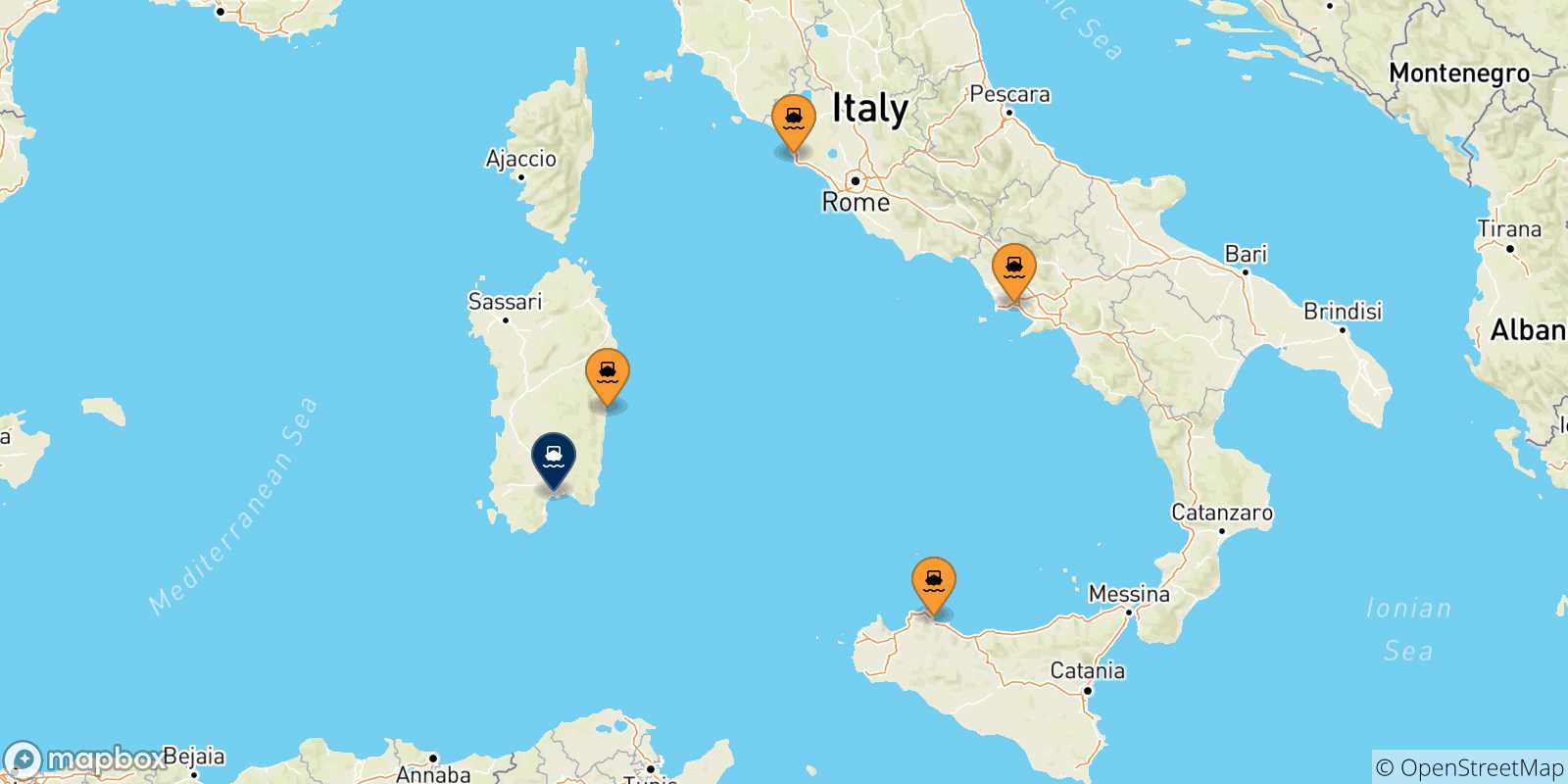 Carte des traversées possibles entre l'Italie et Cagliari