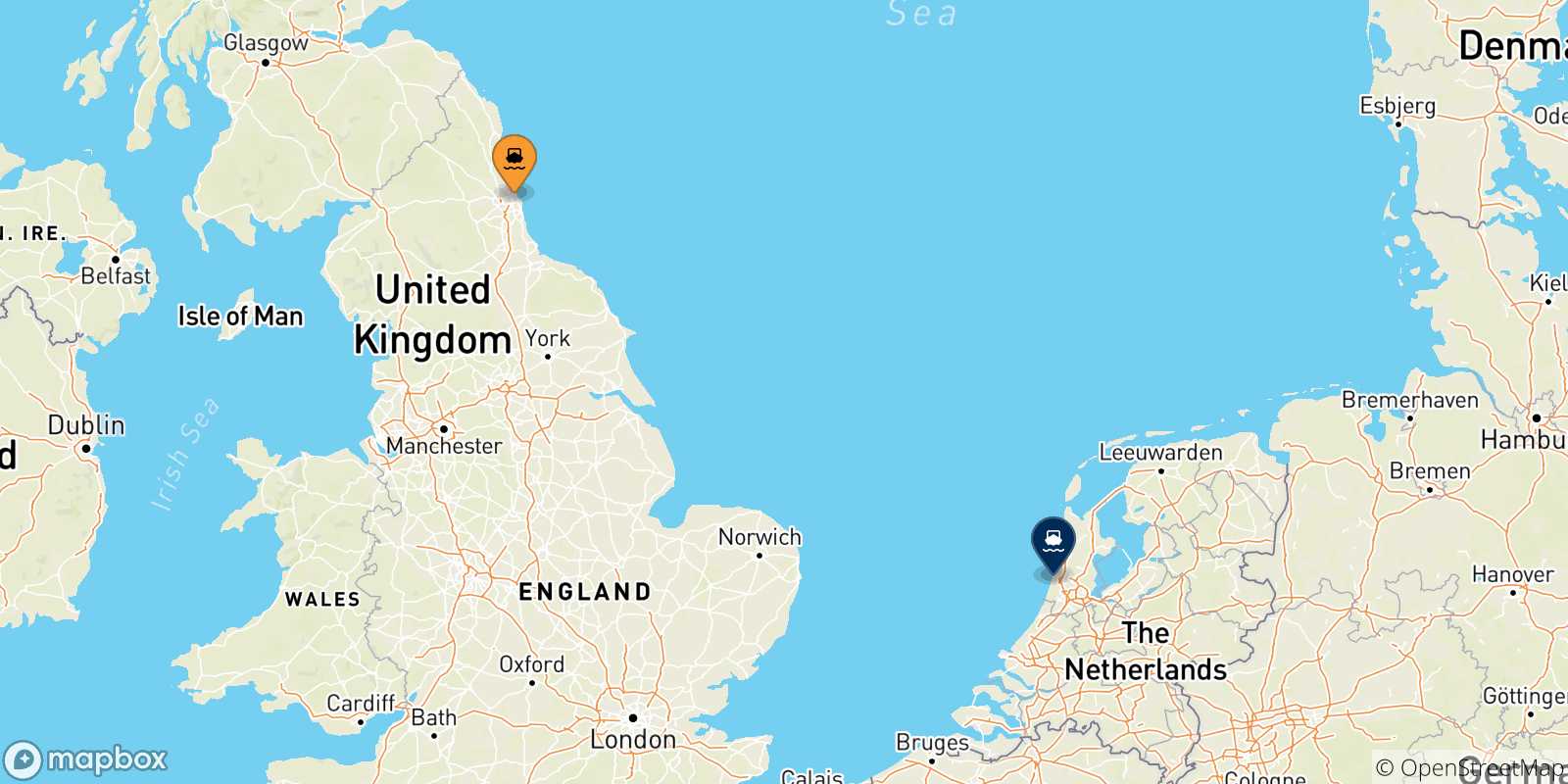 Carte des traversées possibles entre l'Angleterre et les Pays-bas
