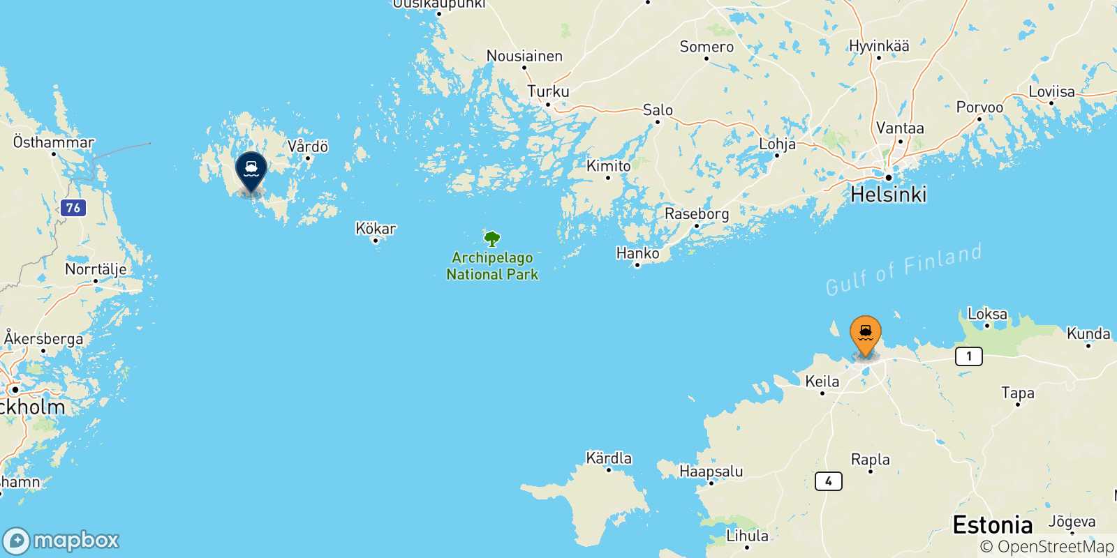 Carte des traversées possibles entre l'Estonie et les Îles Aland